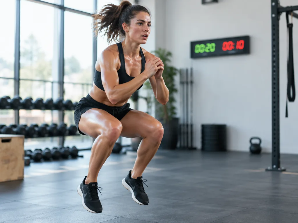 Kvinna gör hoppknäböj på ett ljust gym med en intervalltimer på väggen